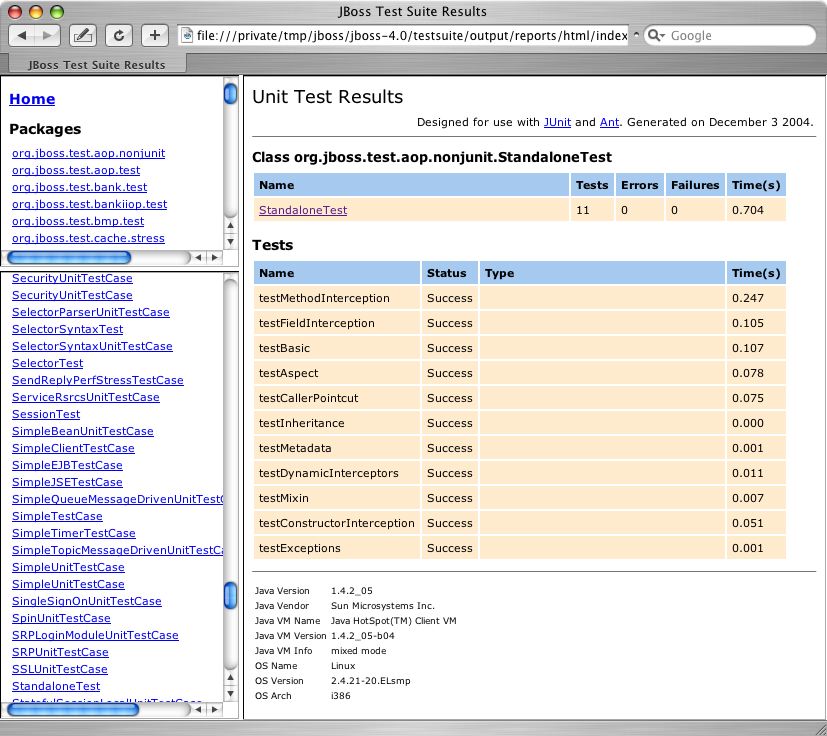 An example testsuite run report status HTML view as generated by the testsuite